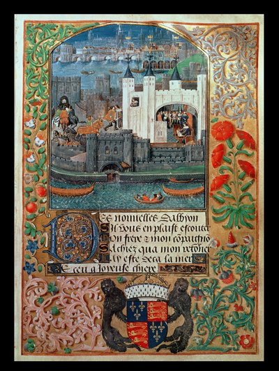 Tower of London en scheepvaart, met Charles, Hertog van Orléans zittend in de Tower schrijvend, uit Gedichten van Charles Hertog van Orléans, ca. 1500 door English School