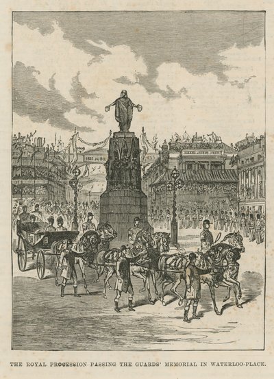 Koninklijke processie langs het Guards Memorial in Waterloo Place door English School