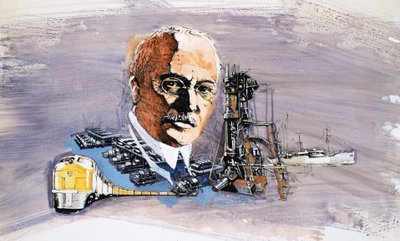 Rudolf Diesel tegen de achtergrond van treinen, boten en dokken door English School
