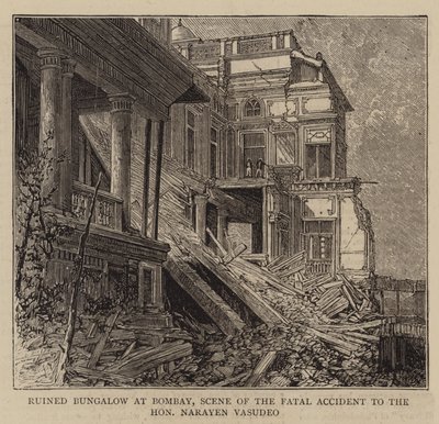 Verwoeste bungalow in Bombay, scène van het fatale ongeluk van de Eerwaarde Narayen Vasudeo (gravure) door English School
