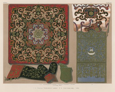 Russisch geborduurd leer, goudborduurwerk, Corfu (chromolitho) door English School