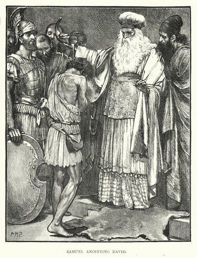 Samuel zalft David (gravure) door English School