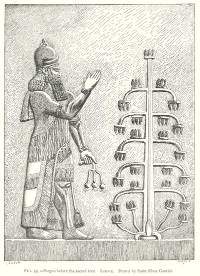 Sargon voor de heilige boom. Louvre (gravure) door English School
