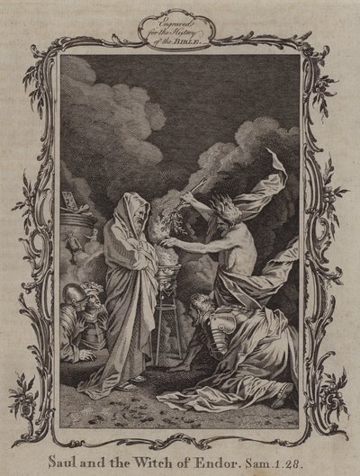Saul en de heks van Endor (gravure) door English School