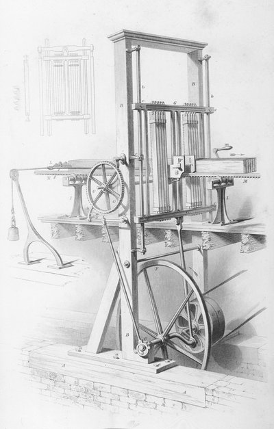 Zaag in zagerij uit Cyclopaedia of Useful Arts & Manufactures, bewerkt door Charles Tomlinson, ca. 1880s door English School