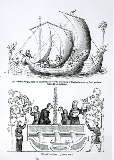Saksisch schip, van een gravure in Strutts Chronicle of England en een wijnpers door English School