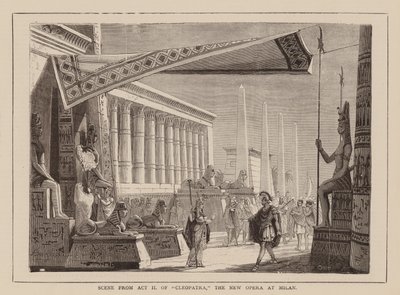 Scène uit akte II van "Cleopatra", De Nieuwe Opera van Milaan (gravure) door English School