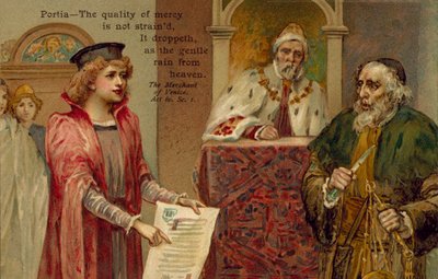 Scène uit De koopman van Venetië van William Shakespeare (kleurenlitho) door English School
