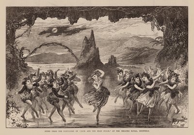 Scène uit de pantomime van "Jack and The Bean Stalk," in het Theatre Royal, Sheffield (gravure) door English School