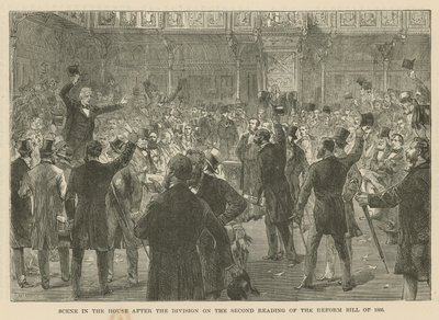 Scène in het Lagerhuis na de stemming over de tweede lezing van de Hervormingswet van 1866 door English School