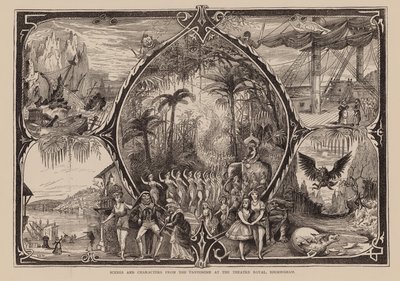 Scènes en personages uit de pantomime in het Theatre Royal, Birmingham (gravure) door English School