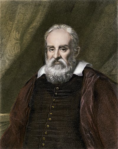 Wetenschappen en wetenschappers: Portret van Galileo Galilei dit Galilea, Italiaans astronoom (1564-1642). Kleurengravure. door English School