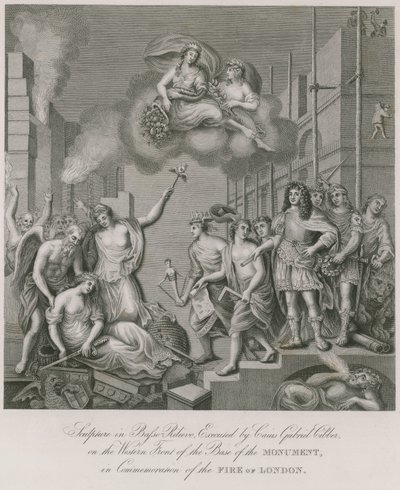 Beeldhouwwerk in basso relievo op de westelijke voorzijde van de voet van het Monument (gravure) door English School