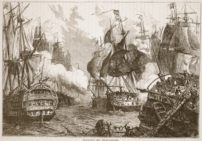 Zeeslag bij Trincomalee, illustratie uit Cassells Geïllustreerde Geschiedenis van India door James Grant, uitgegeven 1879 door English School