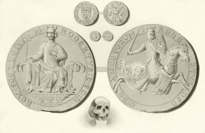 Zegel, munten en schedel van koning Robert Bruce door English School