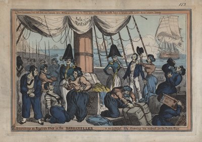 Doorzoeken van een Brits schip in de Dardanellen, of onze trouwe bondgenoot toont zijn respect voor de Britse vlag (gekleurde gravure) door English School