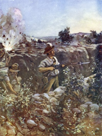 Tweede Luitenant Hugo Throssell houdt een deel van een veroverde Turkse loopgraaf tegen vijandelijke tegenaanvallen, Hill 60, Gallipoli, 29 augustus 1915 door English School