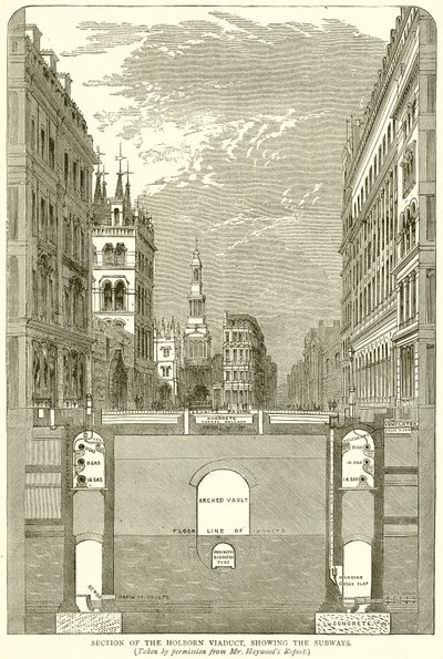 Doorsnede van het Holborn Viaduct, met de metrolijnen door English School