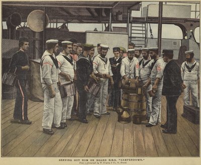 Rum uitdelen aan boord van HMS Camperdown door English School