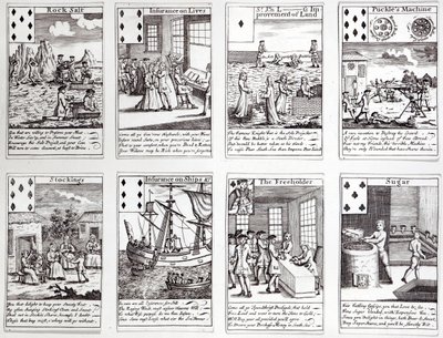 Set speelkaarten met satirische scènes van huidige commerciële ondernemingen en investeringen, ca. 1720 door English School