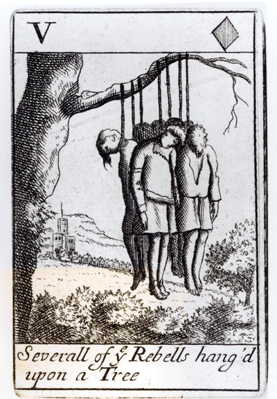 Verschillende rebellen opgehangen aan een boom, harten vijf speelkaart uit een set ter herdenking van Monmouths opstand in 1685 door English School