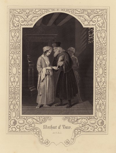 Shakespeare: Koopman van Venetië, Act 2, Scene 5 (gravure) door English School