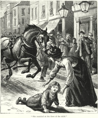 "Ze greep naar de jurk van het kind" (gravure) door English School
