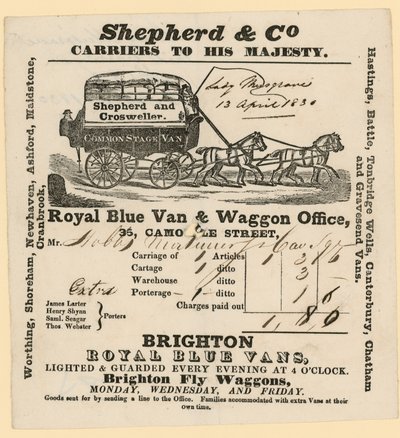 Shepherd & Co rekening. Brighton naar Londen door English School