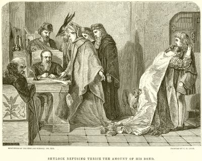 Shylock weigert driemaal het bedrag van zijn obligatie door English School