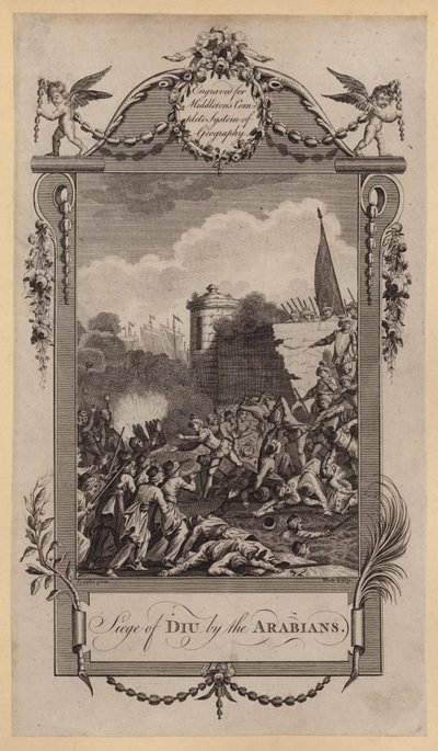 Belegering van Diu door de Arabieren (gravure) door English School