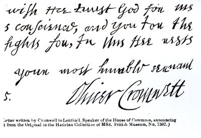 Handtekening van Oliver Cromwell (1599-1658), uit een handgeschreven brief aan Lenthall, Spreker van het Lagerhuis door English School