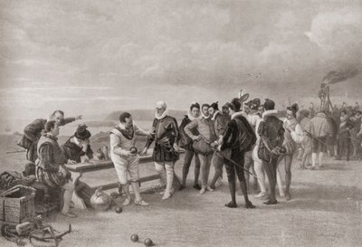 Sir Francis Drake speelt bowls, met de Spaanse Armada in zicht bij Plymouth Hoe, Engeland in 1588 door English School