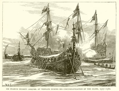 Aankomst van Sir Francis Drake in Ternate tijdens zijn reis rond de wereld, 1577-1580 door English School