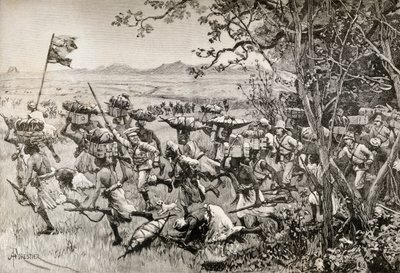 Sir Henry Morton Stanley en zijn mannen komen eindelijk uit het bos op het Grasland in 1887, tijdens hun Emin Pasha Relief Expedition in Afrika door English School