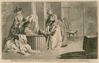 Sir John Falstaff in de wasmand, van een origineel schilderij in de Vauxhall Gardens, Londen door English School
