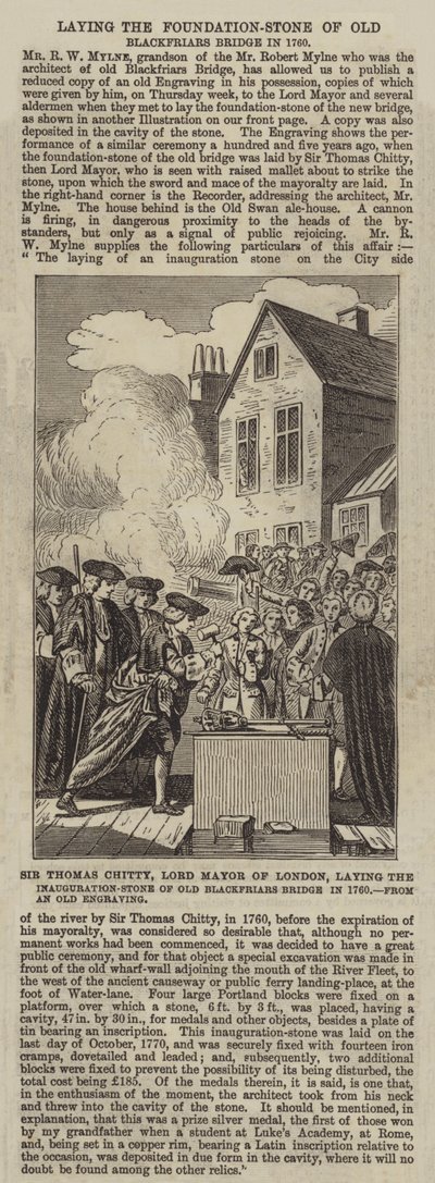 Sir Thomas Chitty, burgemeester van Londen, legt de inwijdingssteen van de oude Blackfriars Bridge in 1760 door English School