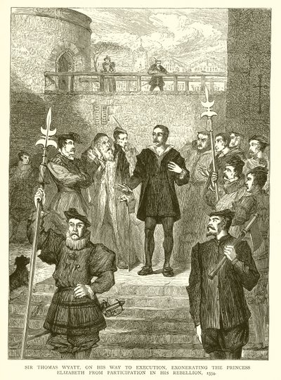 Sir Thomas Wyatt, op weg naar zijn executie, vrijwaart prinses Elizabeth van deelname aan zijn opstand, 1554 door English School