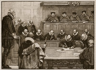Sir Walter Raleigh voor de rechters, illustratie uit Cassells Geïllustreerde Geschiedenis van Engeland door English School