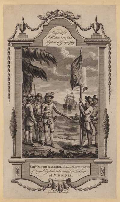 Sir Walter Raleigh beveelt de standaard van koningin Elizabeth op de kust van Virginia te plaatsen (gravure) door English School