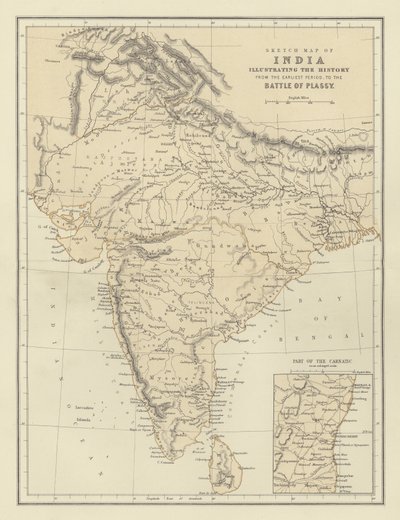 Schetskaart van India ter illustratie van de geschiedenis vanaf de vroegste periode tot de slag bij Plassy door English School