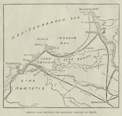 Schetsplan dat de militaire positie in Egypte toont (gravure) door English School