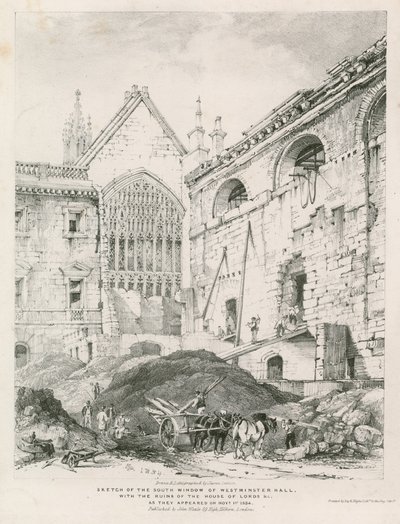 Schets van het zuidraam van Westminster Hall met de ruïnes van het House of Lords door English School