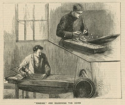 Schetsen bij de Royal Mint, Tower Hill; het luiden en onderzoeken van de munten door English School
