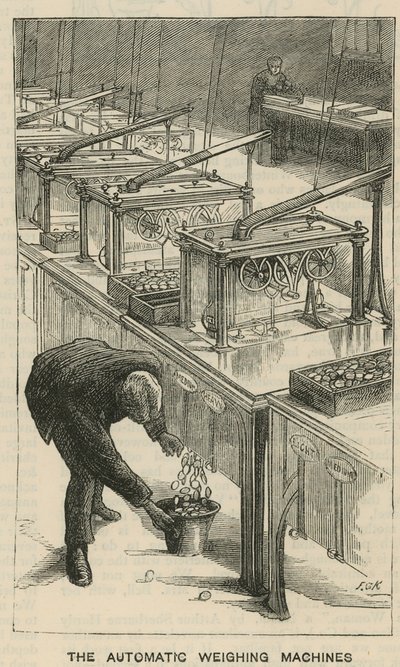 Schetsen bij de Royal Mint, Tower Hill; de automatische weegmachines door English School
