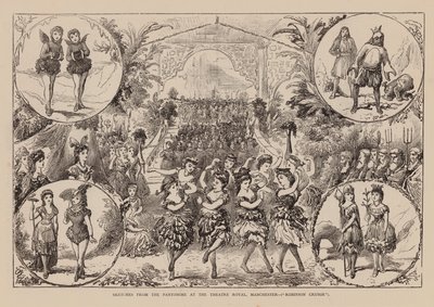 Sketches from the Pantomime at the Theatre Royal, Manchester, Robinson Crusoe (gravure) door English School
