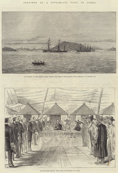 Schetsen van een Diplomatiek Bezoek aan Korea (gravure) door English School
