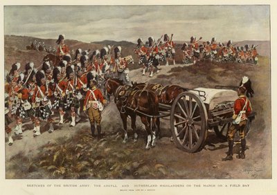 Schetsen van het Britse leger, de Argyll en Sutherland Highlanders op mars tijdens een veldtocht door English School