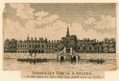 Somerset House en trappen zoals ze eruitzagen voordat ze in 1776 werden afgebroken door English School