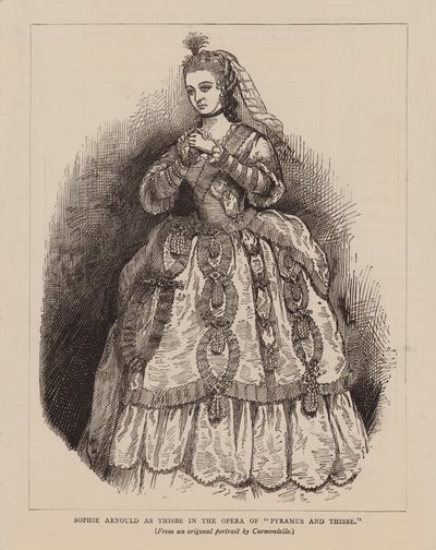 Sophie Arnould als Thisbe in de opera van "Pyramus en Thisbe" (gravure) door English School