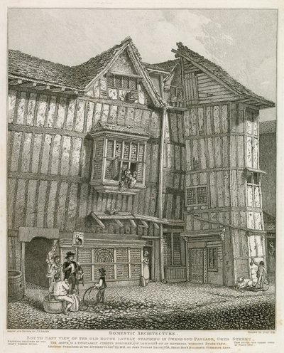 Zuidoostelijk uitzicht van een oud huis dat onlangs stond in Sweedons Passage, Grub Street door English School